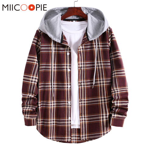 Korean Streetwear Hooded Oversize Shirts Men Women Casual Plaid Printed Long Sleeve Shirt Fashion Hip Hop Workwear Chemise Homme ► Photo 1/6