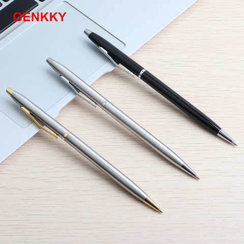 1PCS GENKKY Ballpoint Pen Full Metal Silver Color Ball Pens For School Office Stainless Steel Rod Rotating Ink Color Black Blue ► Photo 1/6