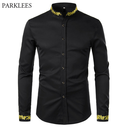 Black Gold Embroidery Shirt Men 2022 Spring New Mens Dress Shirts Stand Collar Button Up Shirts Chemise Homme Camisa Masculina ► Photo 1/6