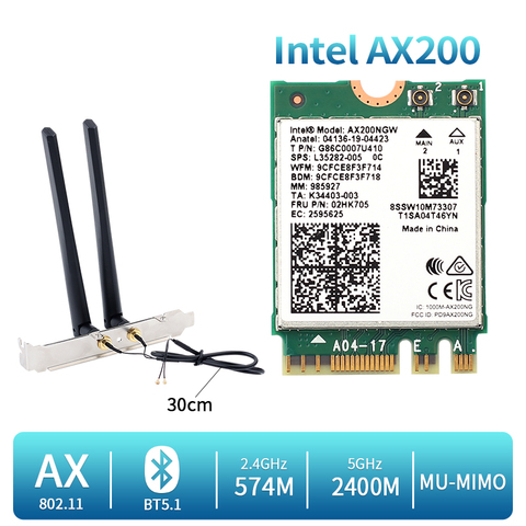 2400Mbps Dual Band Wi-Fi 6 Wireless Card Intel AX200 Desktop Kit Bluetooth 5.1 AX200NGW NGFF M.2 802.11ax Adapter Windows 10 ► Photo 1/6