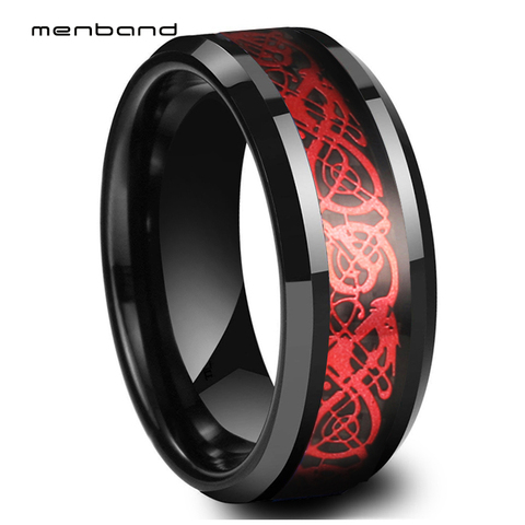 Black Tungsten Carbide Ring Dragon Wedding Ring With Black Carbon Fiber And Red Dragon Inlay 8MM Comfort Fit ► Photo 1/5