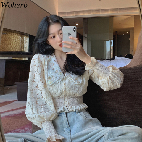 Woherb Embroidery Flower Women Crop Blouse Sexy Long Lantern Sleeve Cropped Shirt Female Chic Korean Blouses Elegant Lady Blusas ► Photo 1/6