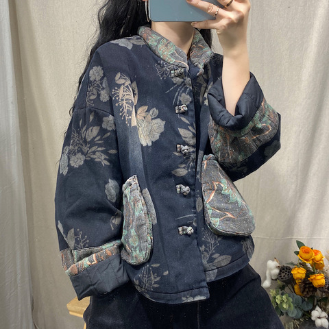 Women Winter Printed Retro Denim Coat Ladies Padded Coat Outerwear Female 2022 Loose Short Coat Vintage Tops Parkas ► Photo 1/6