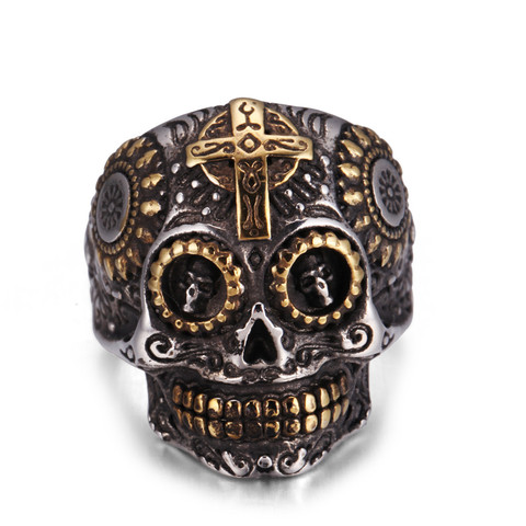 Stainless Steel Skull Rings For Men Gold Color Cross Engraved Vintage Punk Jewelry Drop Shipping ► Photo 1/3