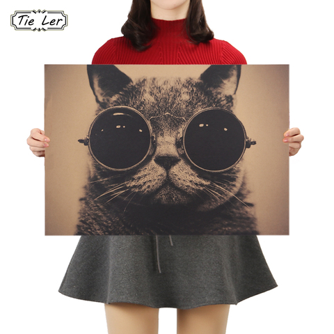 TIE LER Cool Handsome Cat Sunglasses Rock Animal Kraft Paper Bar Poster Retro Poster Decorative Painting Wall Sticker ► Photo 1/6