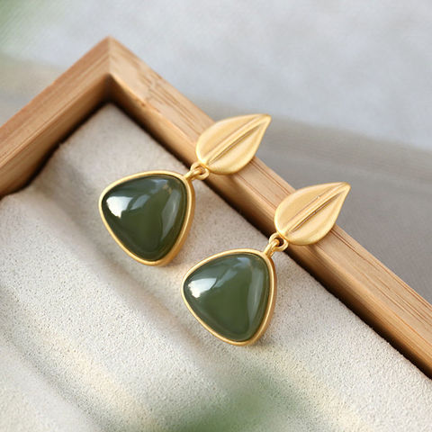 Silver inlaid natural Hetian chalcedony Earrings Chinese style retro geometric leaves elegant light luxury women's brand jewelry ► Photo 1/6