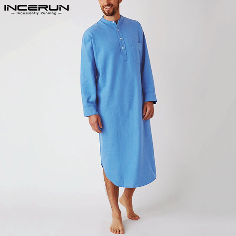 2022 Men's Sleep Robes Solid Color Cotton Long Sleeve Comfort Leisure Homewear O Neck Nightgown Mens Bathrobes INCERUN S-5XL 7 ► Photo 1/6