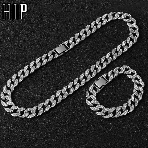 Hip Hop 2pcs kit Miami Curb Cuban Chain Necklace 13-15MM Gold Iced Out Paved Rhinestones CZ Bling Rapper Necklaces Men Jewelry ► Photo 1/6