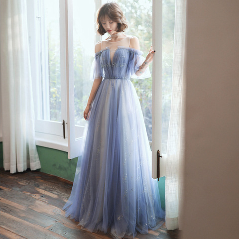 Blue Starry Sky Sequins Exquisite Evening Party Gown Cheongsam Elegant Mesh Dress Qipao Bridal Wedding Full Length Dress ► Photo 1/5