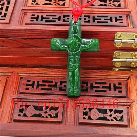 Cross Jesus Carved Jade Pendant Natural Chinese Green Necklace Charm Jadeite Jewellery Fashion Lucky Amulet Gifts for Women N03 ► Photo 1/4