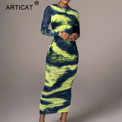 Articat Tie-Dye Print Ruched Christmas Dress For Women Long Sleeve Sexy Bodycon Winter Dress Elastic Pleated Casual Party Dress ► Photo 1/6