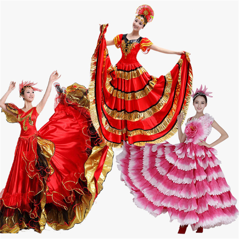 Women Spain Dress Flamenco Skirts Dance Costumes Spanish Gypsy Skirt Bigdance Flower Chorus Stage Performance Wear for Woman ► Photo 1/6
