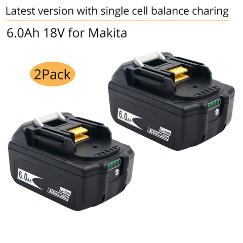 2 Pack Power Tools Battery for Makita 18V Battery 6ah 6000mAh BL1860 Bl1850 BL1840 BL1830 LED Light Balance Charging Safeguard ► Photo 1/6