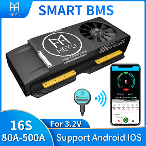 HEYO Smart LiFepo4 LiPo 16S 48V 80A 100A 120A 150A 200A 250A 300A 500A Bluetooth BT UART RS485 CAN charge Battery BMS With Fan ► Photo 1/5