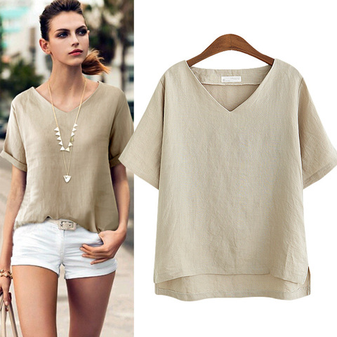 Womens Tee Tops Summer V-Neck Loose Leisure Linen T-shirts Women's Short Sleeve T-shirt Women t shirt ► Photo 1/3