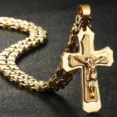 Religious Catholic Crucifix Jesus Cross Necklace for Men Gold Color Cross Pendent with Bible Necklace Men Jewelry Gifts ► Photo 1/6