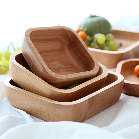 1Pc Square Wood Bowl 4 Sizes Salad Bowl Set Large Small Wooden Plate Snack Dessert Serving Dishes Food Container Wood Tableware ► Photo 1/6