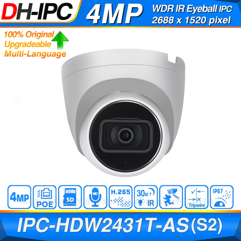 Dahua Original IPC-HDW2431T-AS 4MP HD POE Built in MiC SD Card Slot H.265 IP67 30M IR Starlight IVS Upgradeable Dome IP Camera ► Photo 1/2