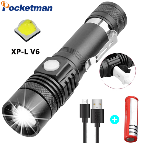 Ultra Bright LED Flashlight With XP-L V6 LED lamp beads Waterproof Torch Zoomable 4 lighting modes Multi-function USB charging ► Photo 1/6