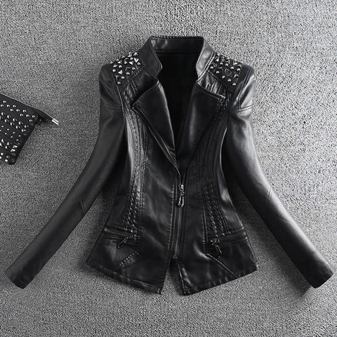 Rivets Leather Jacket Women Short Slim Motorcycle Jacket 2022 Spring And Autumn Women Coat Fashion Slim Leather Coats Lady ► Photo 1/1