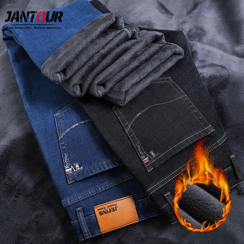 2022 Mens Winter Thicken Fleece Jeans Stretch Denim Warm Jeans For Men Designer Brand Long Pants Jean Black/Blue 28-40 42 44 46 ► Photo 1/6