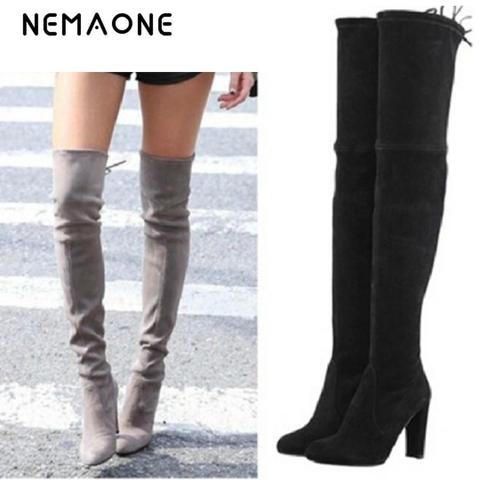 NEMAONE Women Stretch Faux Suede Thigh High Boots Sexy Fashion Over the Knee Boots High Heels Woman Shoes Black Gray Winered ► Photo 1/6