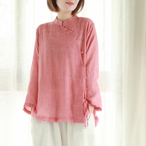 Johnature 2022 Chinese Style New Women Stand Shirts Button Seven Sleeve Autumn Blouses Solid Color Belt Women Vintage Shirts Top ► Photo 1/6
