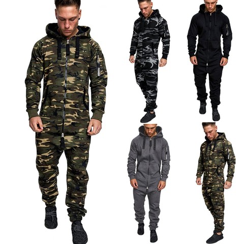 Fashion Men Camouflage Splicing Autumn Winter Casual Loose Warm Long Sleeve Hooded Hoodies Zipper Pants Rompers Jumpsuit#g3 ► Photo 1/6