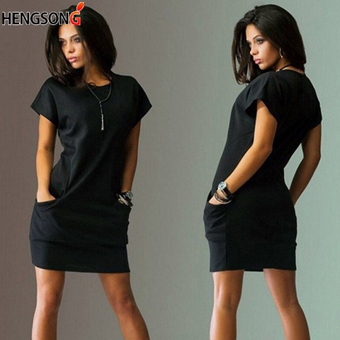 New Women Pocket Loose Casual Female Dress Summer Dress For Women Short Sleeve O Neck Mini Dress Office Lady Work Dress Vestidos ► Photo 1/5