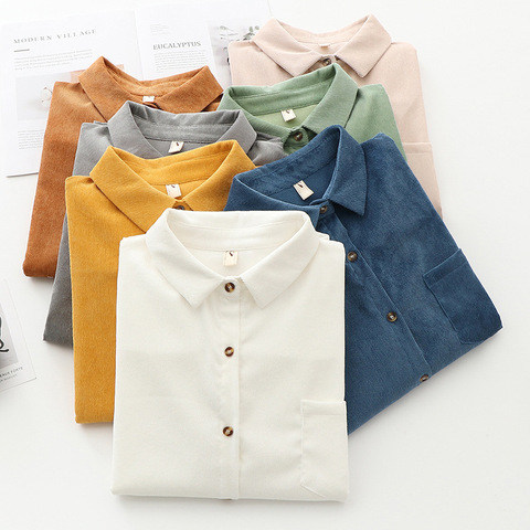 Solid Color Corduroy Shirts Women 2022 Spring New Casual Loose Blouses Ladies Long Sleeve Blouse Simple College Style Tops ► Photo 1/6