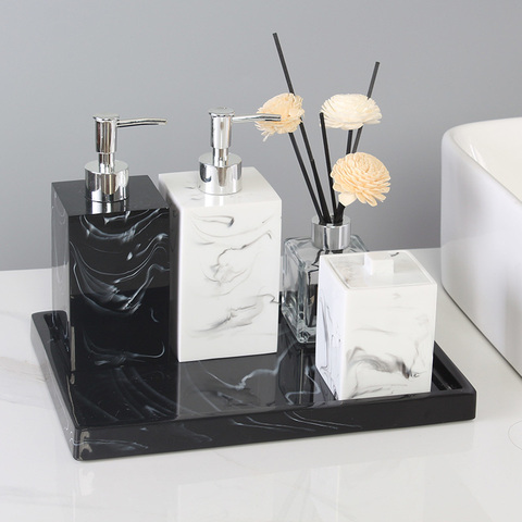 Marble Texture Resin Cotton Swab Box With Lid Bathroom Accessories Set Dispenser Toothbrush Holder Soap Dish With Storage Tray ► Photo 1/6