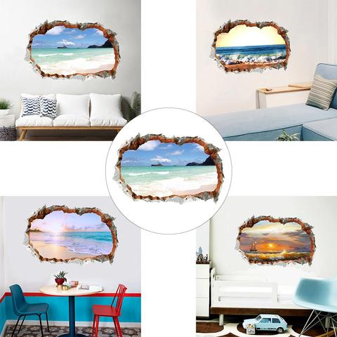1Pc Removable 3D Effect Break Through Wall Sticker Sea Ocean Beach Design Decal Living Room Decor Наклейки ► Photo 1/6