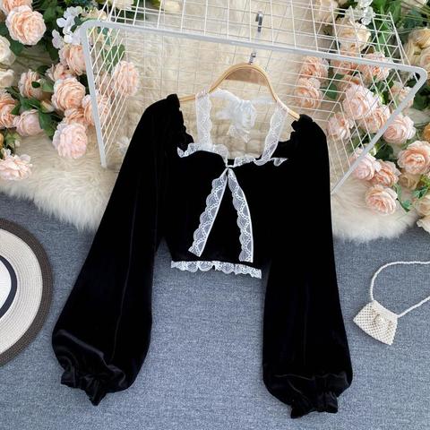 Sexy Halter Lace Patchwork Short Blouse For Women Casual Puff Sleeve Velvet Shirt Female Black Tops New Fashion Autumn Winter ► Photo 1/6