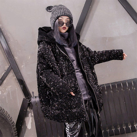 Fashion Sequins Winter Jacket Women Hooded Parkas For Ladies  Streetwear Jaqueta feminina Loose Warm Cotton Coat Plus Size f1734 ► Photo 1/6