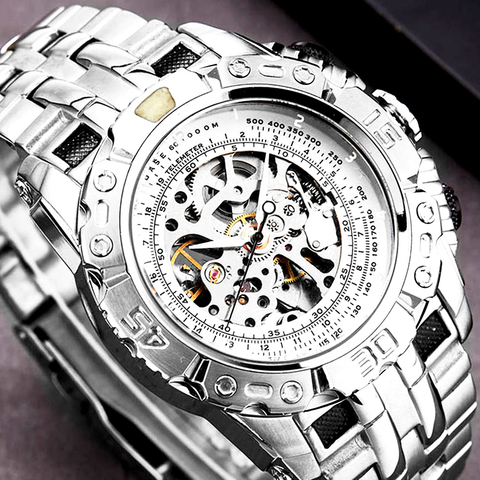 Luxury Silver Gold Automatic Mechanical Watch for Men Full Steel Skeleton Wristwatch Clock Over-Sized Big Dial Relogio Masculino ► Photo 1/6