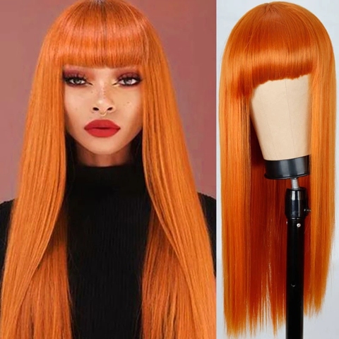 FEELSI Blonde Long Straight Wig With Bangs Synthetic Hair Wigs Bang With Wig For Woman Black Brown Heat Resistant Wigs 26Inch ► Photo 1/6