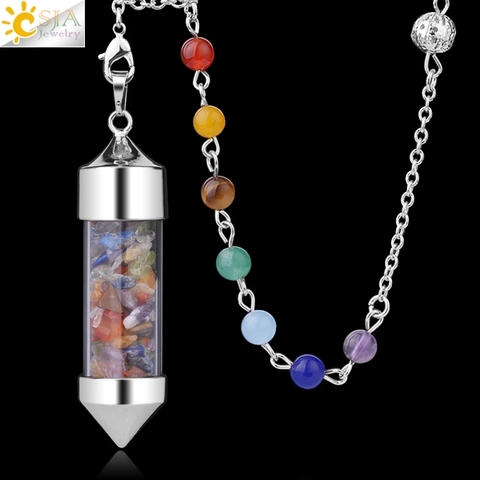 CSJA New Arrival 7 Chakra Wishing Bottle Pendulum Reiki Natural Chip Stone Pendant Necklace for Women Men Divination Amulet F976 ► Photo 1/6