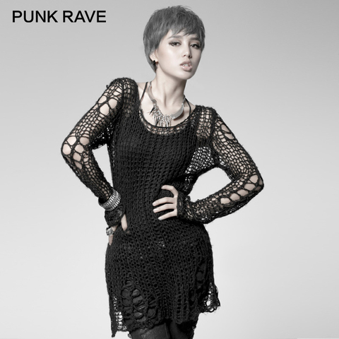 PUNK RAVE Punk Broken Pullover Striped Ladies Stylish Cape Sweater Computer Knitting Holes Thin O-Neck Long Sleeves Broken Tops ► Photo 1/6