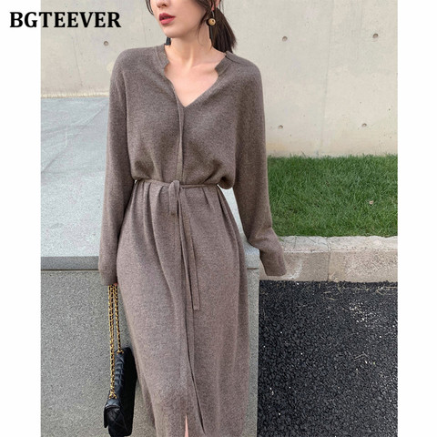 BGTEEVER Vintage Women Knitted Dress Autumn Winter Brief V-neck Warm Drawstring Lace-up Loose Midi Female Sweater Dress 2022 ► Photo 1/6