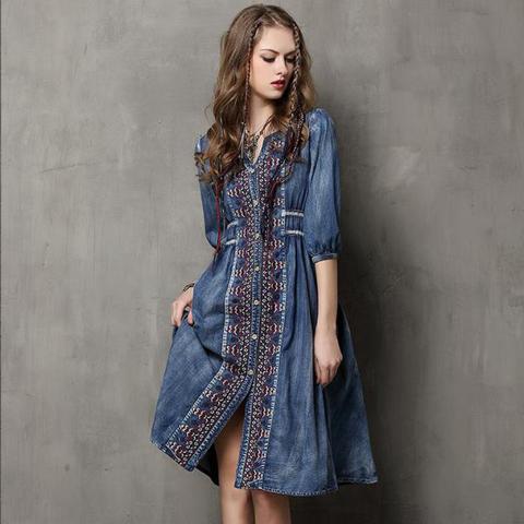 Johnature New Autumn Vintage Denim Dress Women Clothes 2022 Loose Embroidery V-neck Single Breasted National Style Women Dress ► Photo 1/6