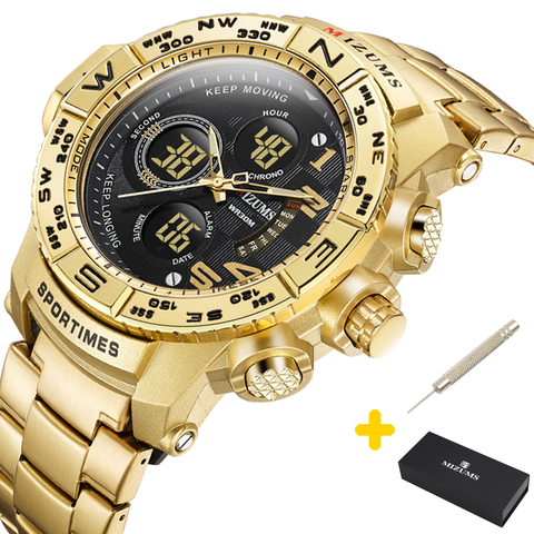 Mizums Brand Quartz Watch Men's Sport Watches Men Steel Band Military Clock Waterproof Gold LED Digital Watch Relogio Masculino ► Photo 1/6