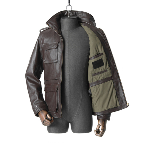 Hunting Leather Jacket Top Cowhide Medium Long Coat M65 Military Brown Lapel Slim Fit Outdoors Travel Sports Combat Windbreaker ► Photo 1/6