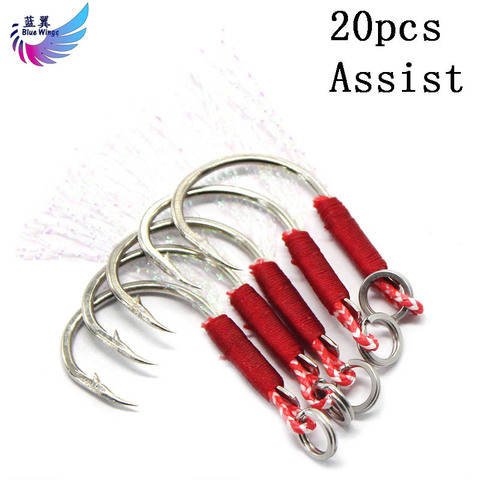 20pcs/lot Assist Hook Barbed Single Jig Hooks Thread Feather Pesca High Carbon Steel Short Assist fishing Hook Slow jigging lure ► Photo 1/6