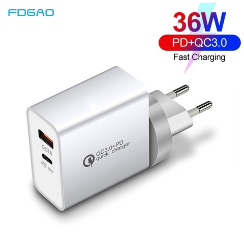 36W USB Charger Quick Charge 3.0 PD 3.0 Type C Fast Charger For iPhone 12 11 Pro Samsung S20 S10 Portable Phone Charger Adapter ► Photo 1/6