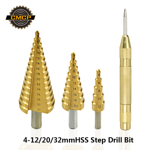 Metric Spiral Flute Pagoda Shape Hole Cutter 4-12/20/32mm HSS Steel Cone Drill Bit Set Step Drill with Center Punch Wood Cutter ► Photo 1/6