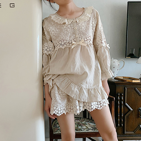 Summer Women's Flower Embroidery Linen Pajama Sets Tops+Shorts.Vintage Ladies Girl's Pyjamas set.Victorian Sleepwear Loungewear ► Photo 1/6