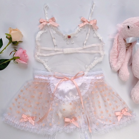 Cute Buuny Girl Costume Sexy Underwear Lace See Through Babydoll Women Pink Maid Transparent Exotic Set Kawaii Cosplay Lingerie ► Photo 1/6