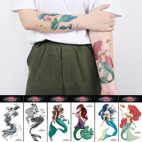 sleeve mermaid temporary tattoo arm wrist cartoon princess tattoo for children girls glitter glue tattoo fish ocean watercolor ► Photo 1/6