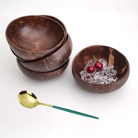 Natural coconut shell bowl polished to make salad bowl stainless steel spoon wooden bowl smoothie bowl ► Photo 1/5