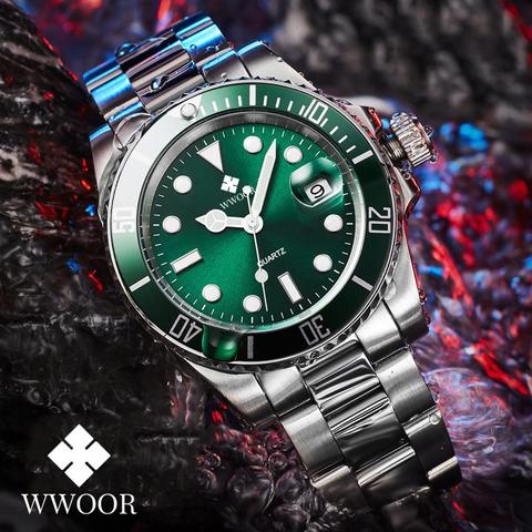 WWOOR Men Watches 2022 Luxury Full Steel Waterproof Automatic Date Watch Men Green Quartz Diving Sports Wrist Watch Reloj Hombre ► Photo 1/6